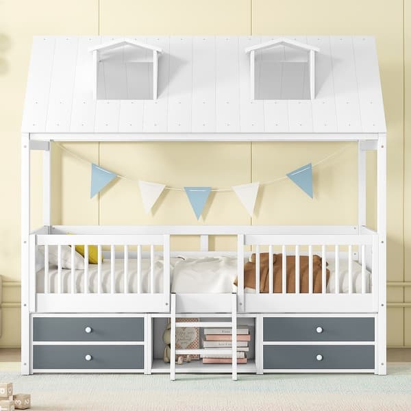 slide 2 of 10, Twin Size Wood House Bed with Roof and Drawers