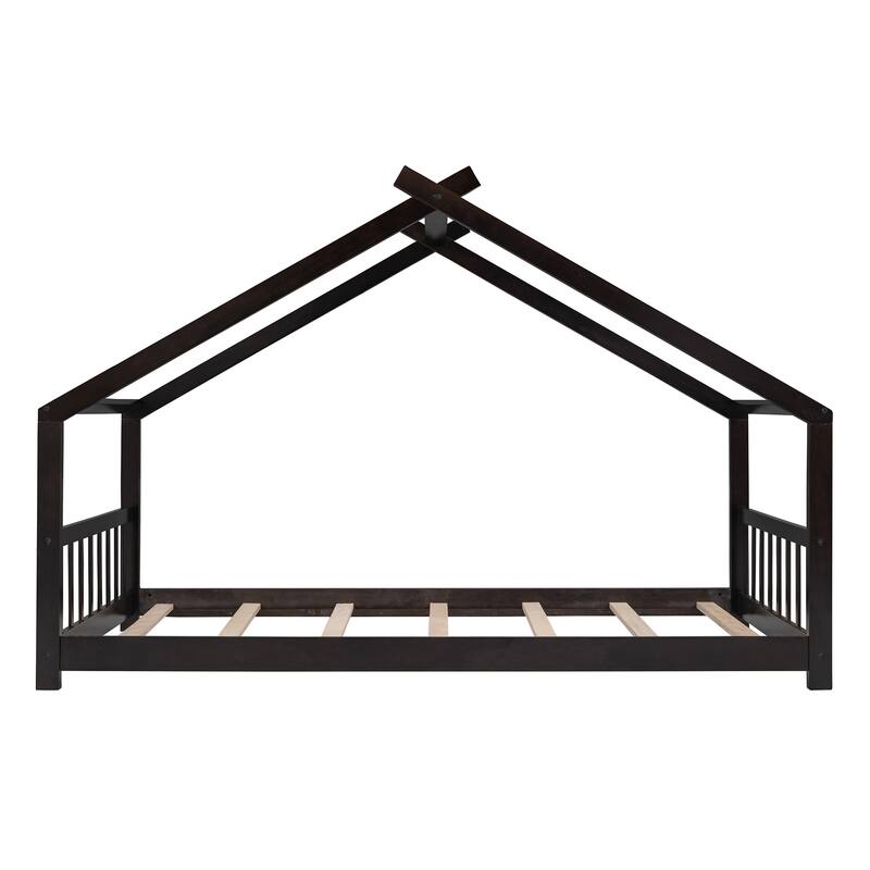 Twin Size House Bed Wood Bed,Featuring Roof