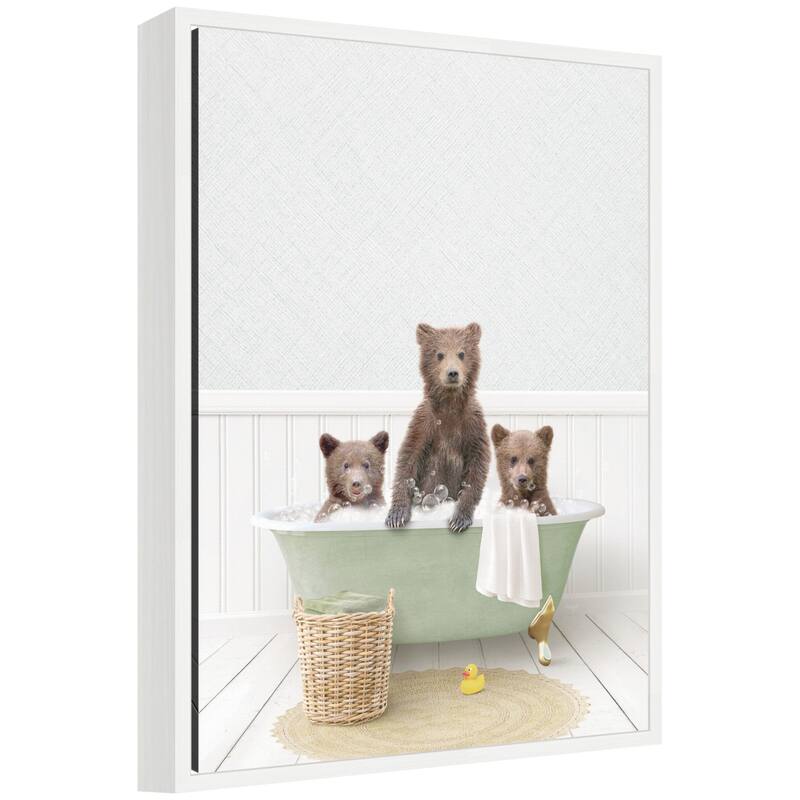 Kate and Laurel Sylvie Three Bear Cubs in Cottage Green Bath Framed Canvas by Amy Peterson - 18x24