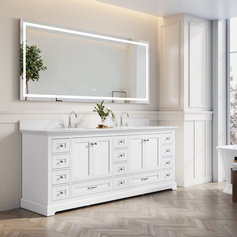 84''W Solid Wood Frame Bathroom Vanity With Pure White Culutered Marble Countertop And Double Sink