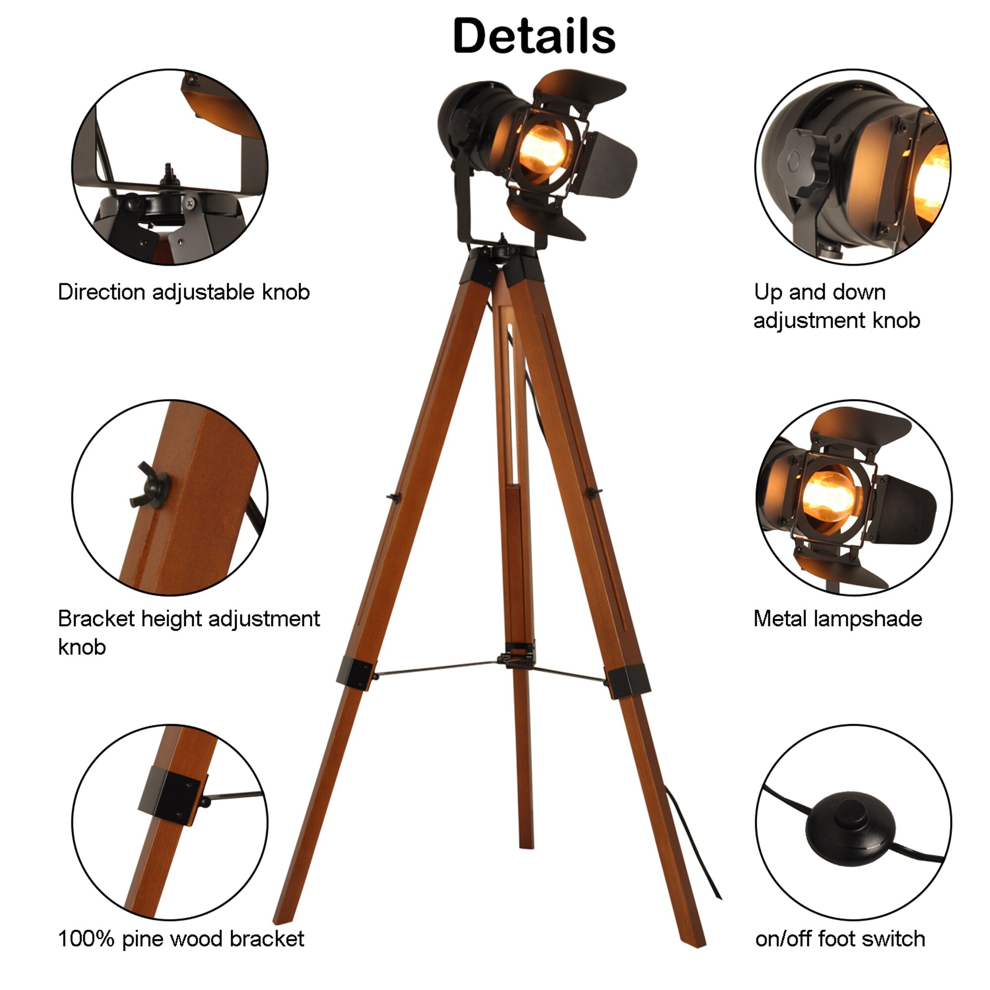 Modern Industrial Metal Wooden Nautical Cinema Tripod Floor Lamp