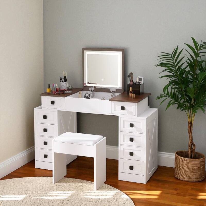 Vanity Desk with Flip-Up Mirror, 10 Drawers & Dimmable LED Lights, Makeup Table Set with Stool