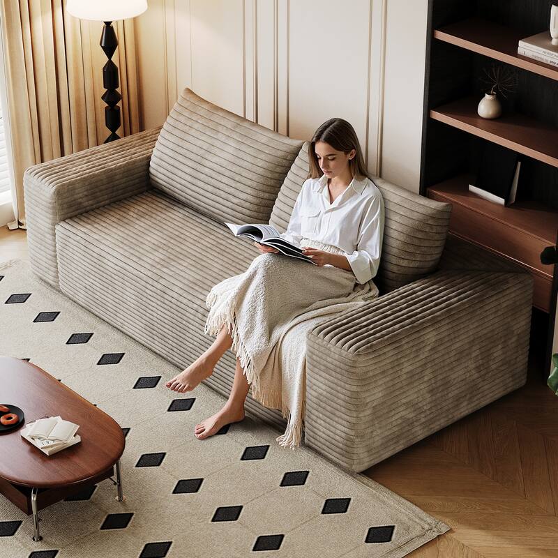 Modern 3-Seater Corduroy Seat Loveseat with High-Resilience Sponge, Pillow and Wide Armrests, for Living Room, Bedroom