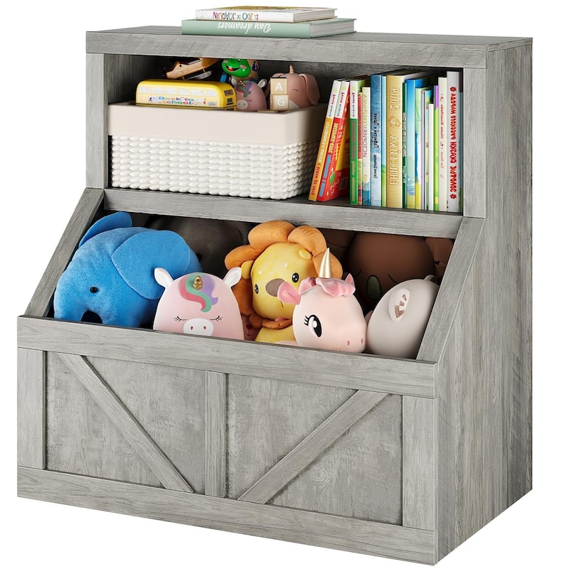 Kids Bookshelf and Toy Storage, Wooden Bookcase with Storage Cabinet and Toy Shelf - Grey