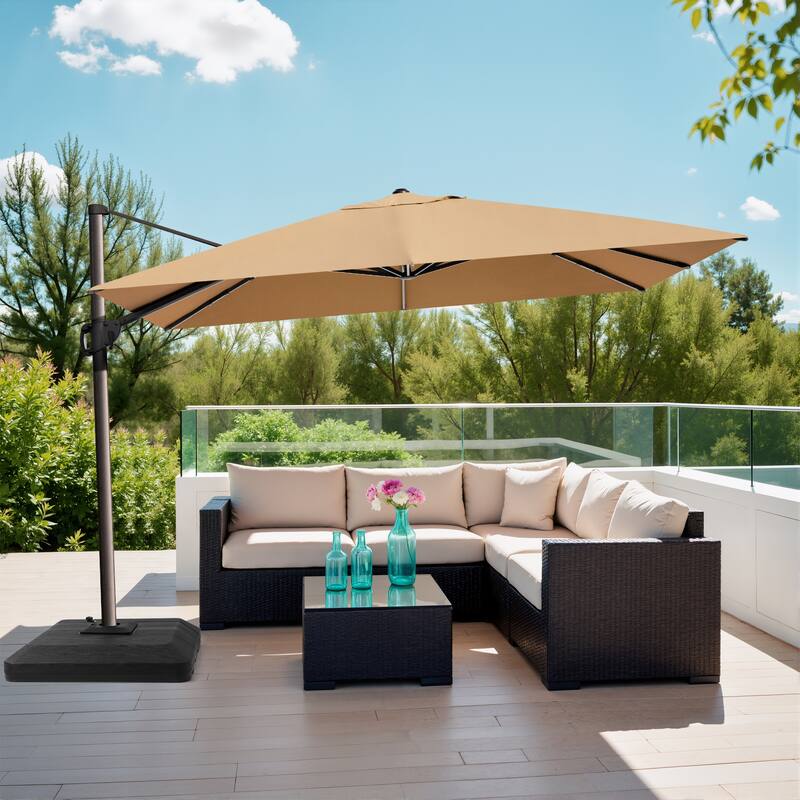 9 x 12 ft Outdoor Patio Cantilever Offset Umbrella with 4 Piece Premium Offset Umbrella Base - Tan