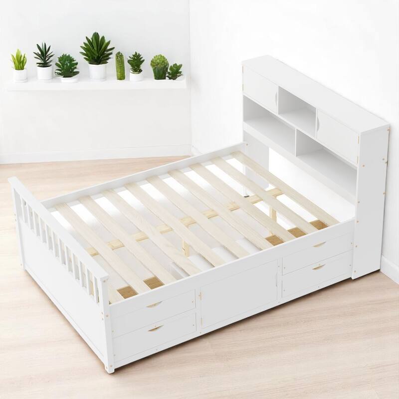 Full Size Captain Platform Bed with Bookcase Headboard, 4 Storage Drawers, and Adjustable Shelves, Gray Wood Frame