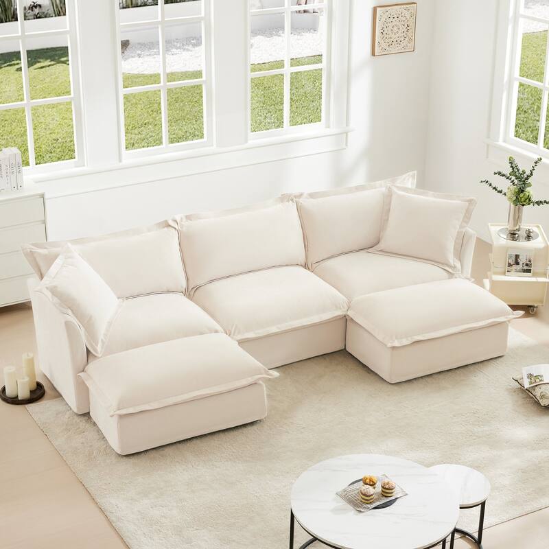 Modern 3 Seater Upholstered Sofa with 2 Ottomans and 2 Pillows