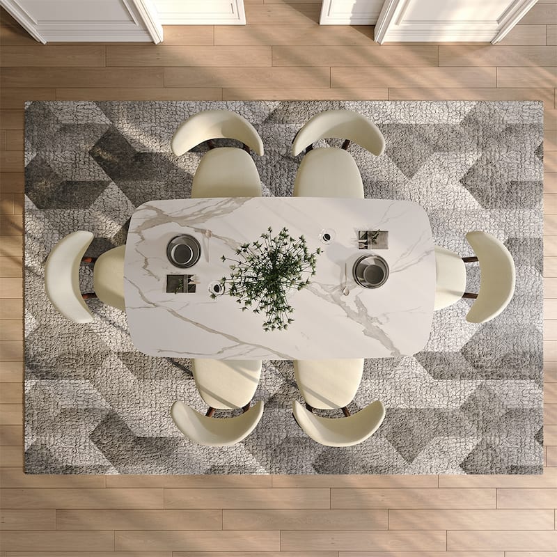 63-95"Extendable Modern Dining Table for 6-10, White Glossy Sintered Stone Tabletop, Bronze Carbon Steel Smile Legs