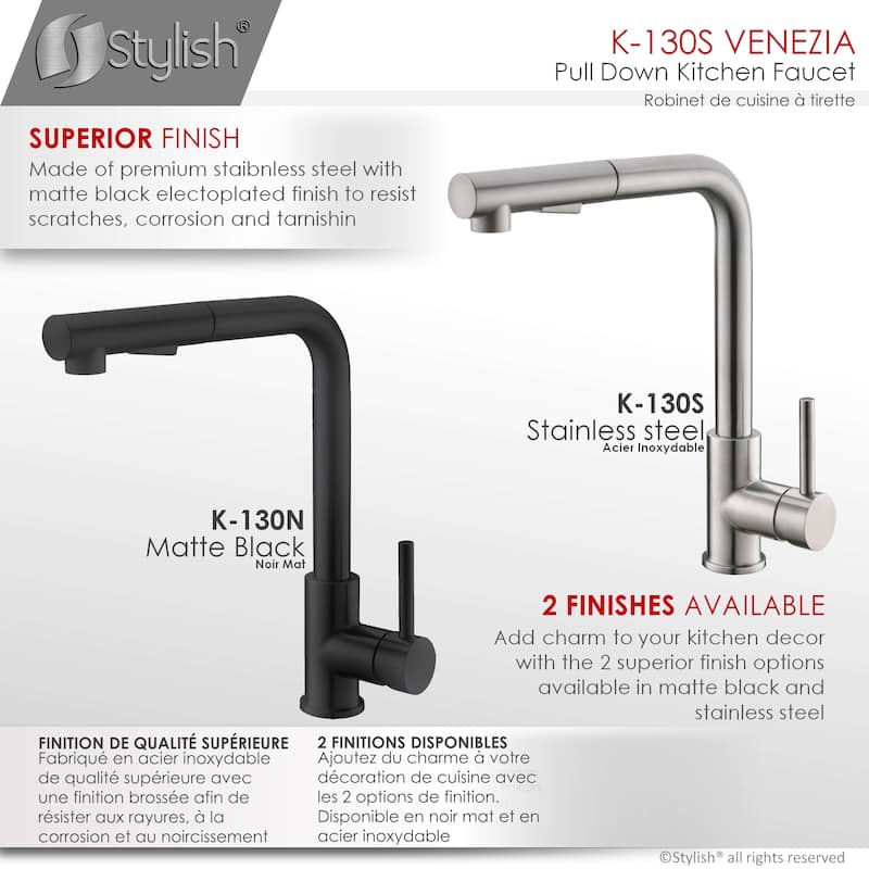 STYLISH Kitchen Sink Faucet Single Handle Pull Down Dual Mode in Stainless Steel - Faucet Height: 12 5/8" | Spout Height: 11"