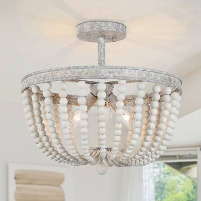Farmhouse 3-Light Wood Beaded Semi Flush Mount Coastal Ceiling Light - D16" x H13.5"