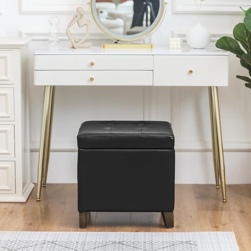 Adeco Bonded Leather Square Tufted Cubic Cube Storage Ottomans - BlackFauxLeather-with-Walnut-Legs