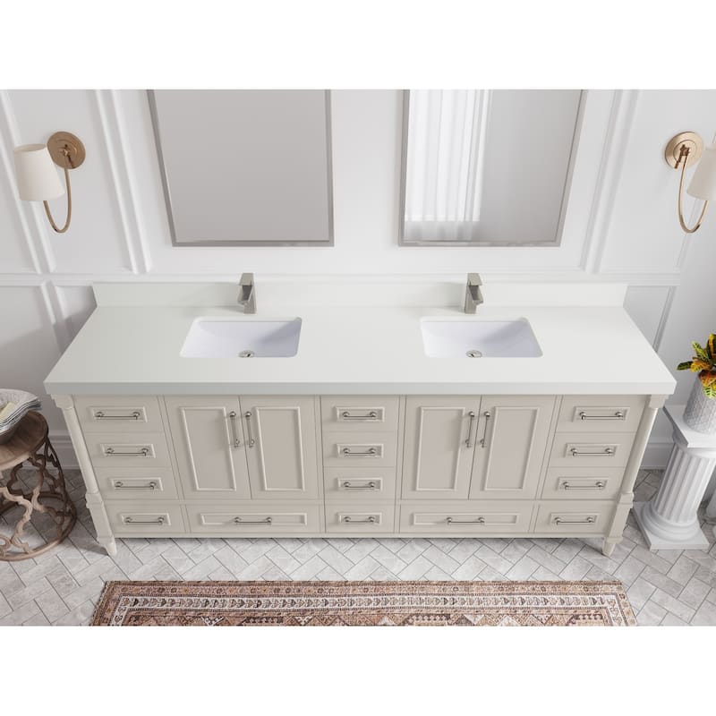 Willow Collections 84 in. W x 22 in. D Aberdeen Double Bowl Sink Bathroom Vanity with Countertop - 2" White Quartz - Fine Grain