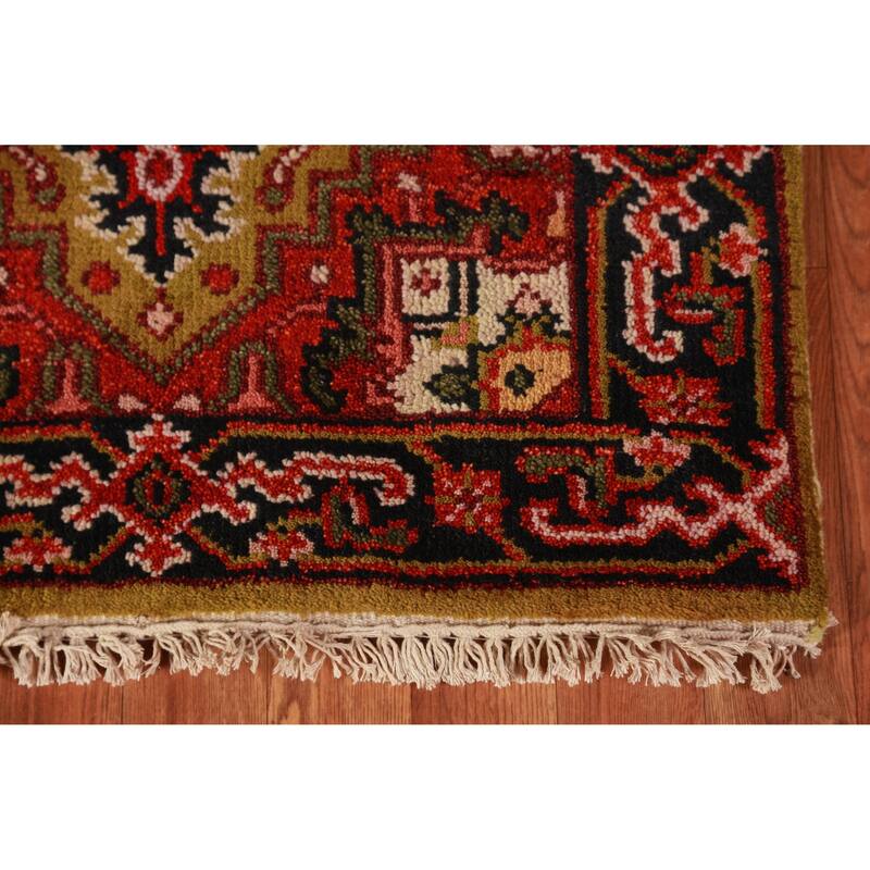 Hand Knotted Oriental 100% Wool Carpet Traditional Geometric Yellow & Gold Heriz (serapi) Runner Rug - 7' 11'' X 2' 7''