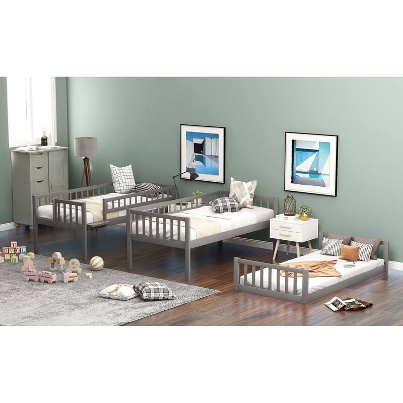 Triple Bed with Built-in Ladder, Slide and Guardrails