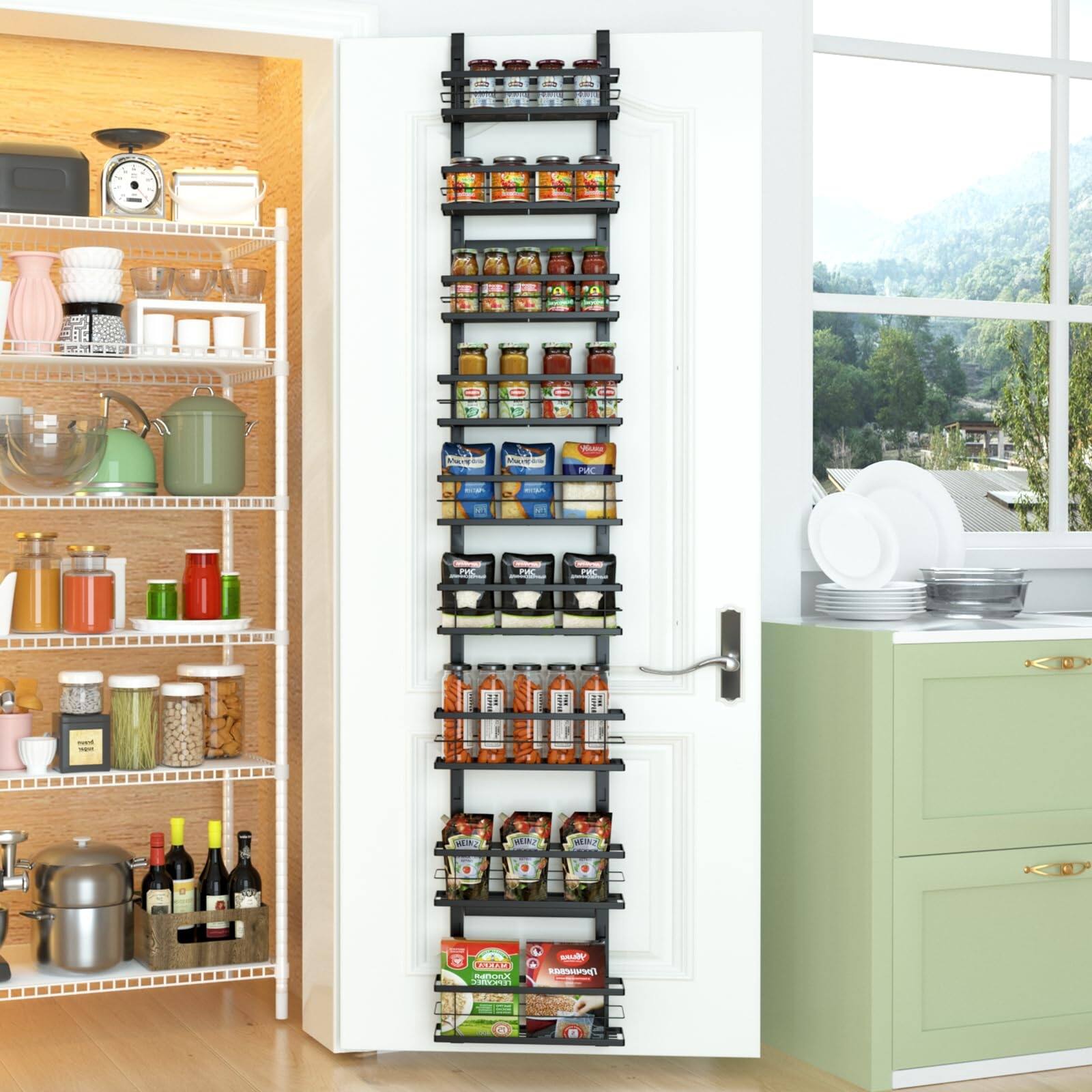 Over the Door Pantry Organizer 9Tier Adjustable Basket, Hanging Narrow Spice Rack, Behind the
