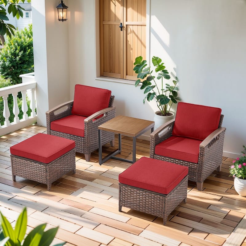 Pocassy Outdoor Brown Wicker Funitre with Cushion Set - Red Cushion - Club Chairs Table with Ottoman Set