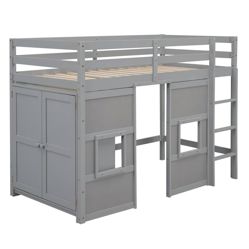 Twin Size Loft Bed with Built-in Storage Wardrobe & 2 Windows, Wooden Bed Frame w/Ladder & Safety Guardrail for Boys & Girls
