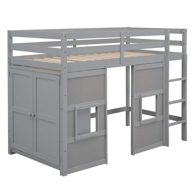 Wood Twin Size Loft Bed with Built-in Storage Wardrobe and 2 Windows w/Full-Length Guardrails, No Boxing Spring Needed