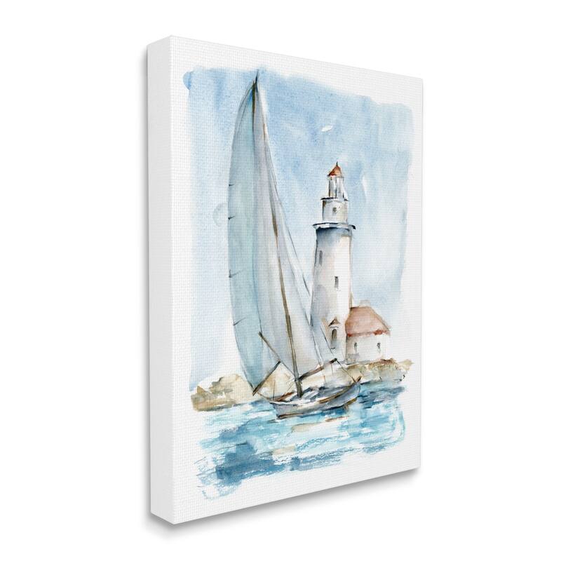 Stupell Lighthouse Tower Beacon Sea Sail Boat Nautical Outdoors Canvas Wall Art - Blue
