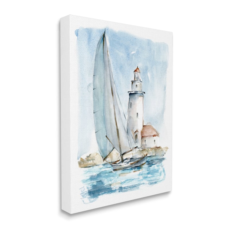 Stupell Lighthouse Tower Beacon Sea Sail Boat Nautical Outdoors Canvas Wall Art - Blue