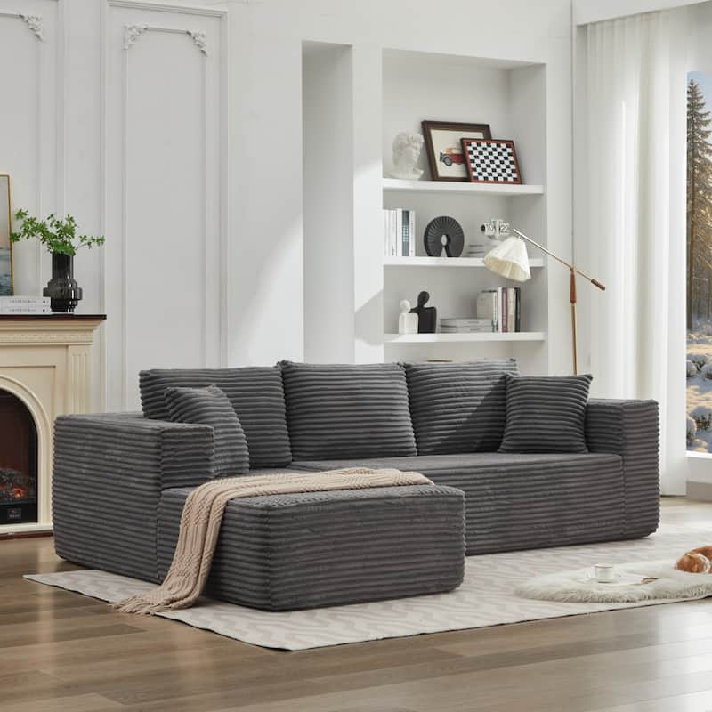 106" Corduroy Upholstery L-Shaped Cloud Modular Sectional Sofa with Chaise and Pillows, All-Foam Compression Design - Gray Left Facing