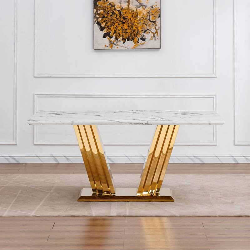 70'' Rectangle Faux Marble Dining Table with Mirrored Finish Stainless Steel Base - Gold+White