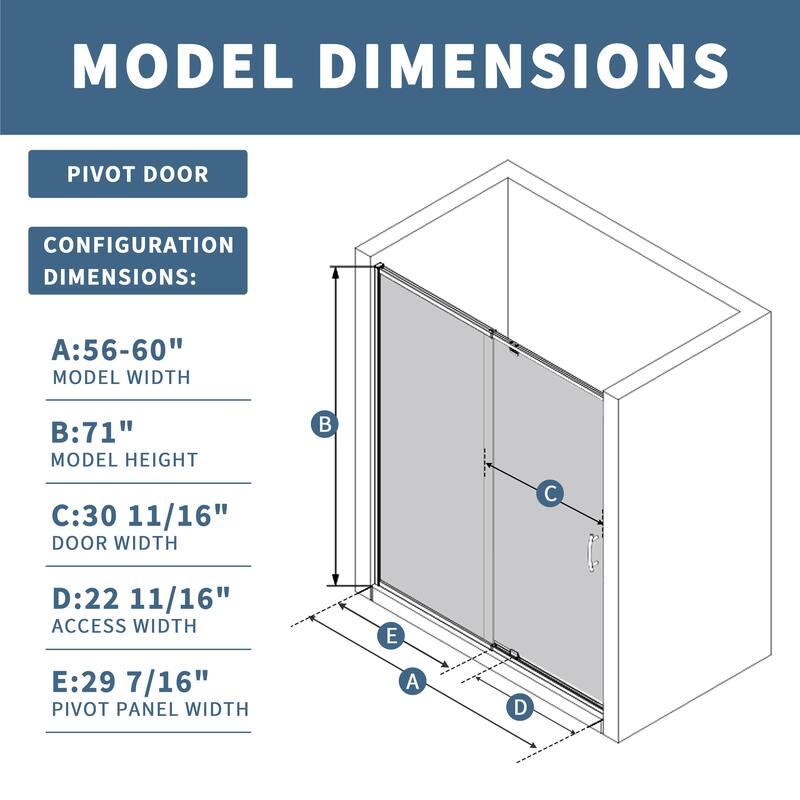 56-60" Bathtub Pivot Shower Screen Door - 60''x 71''