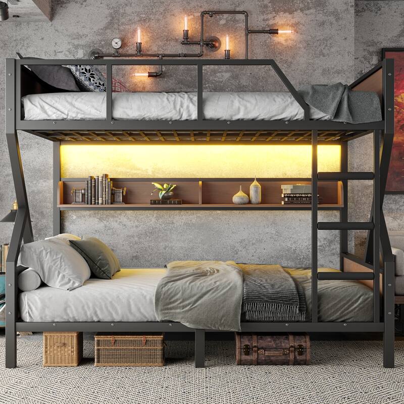 Metal Bedframe Queen Over Queen Bunk Bed with Storage Shelves and LED Light Strip, Space-saving & Noise-free Design - Black - Queen