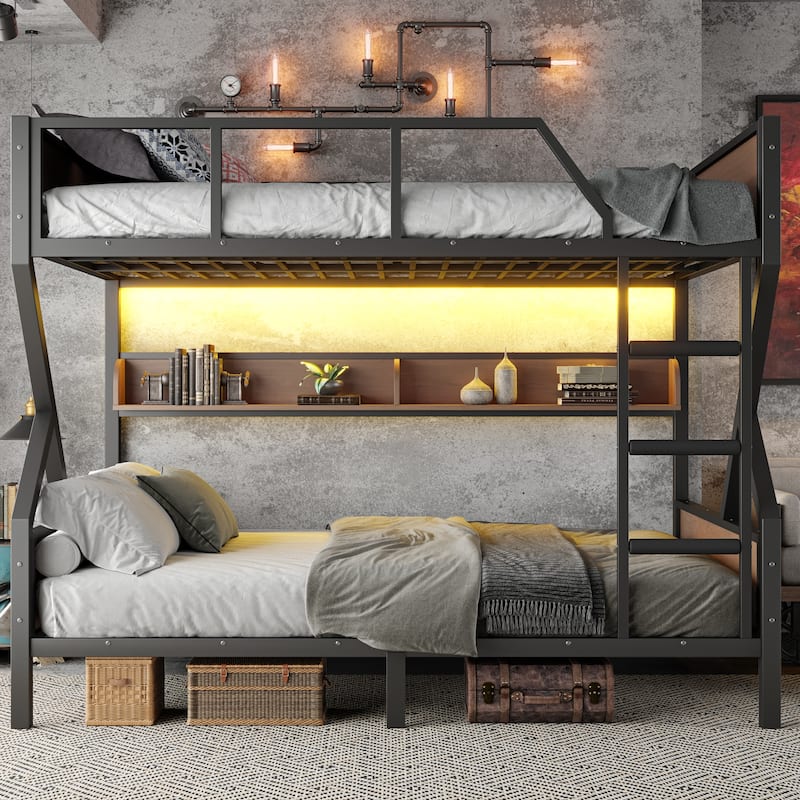 Queen over Queen Bunk Bed, Metal Bunk Bed with Storage Shelves and Lights, Space-saving & Noise-free Design, Black