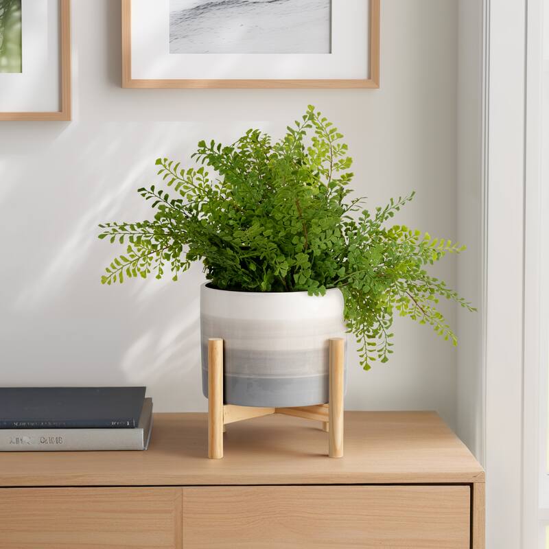 Sagebrook Home Neutral Grey Ombre 8" Ceramic Planter with Wood Stand - 8" x 8" x 9" - 8" x 8" x 9" - Striped Ivory/beige