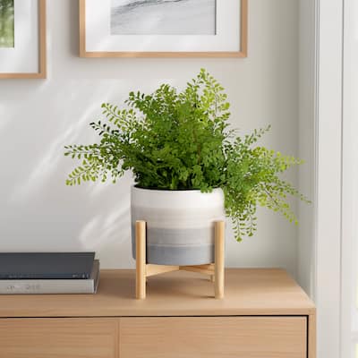 Sagebrook Home Neutral Grey Ombre 8" Ceramic Planter with Wood Stand - 8" x 8" x 9"