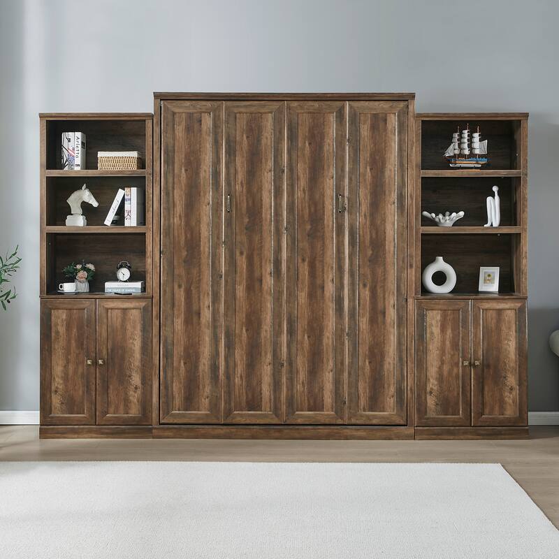 Half Self-Close and Open Murphy Bed with 2 Side Cabinet Storage Shelf - Brown-Two cupboards - Queen