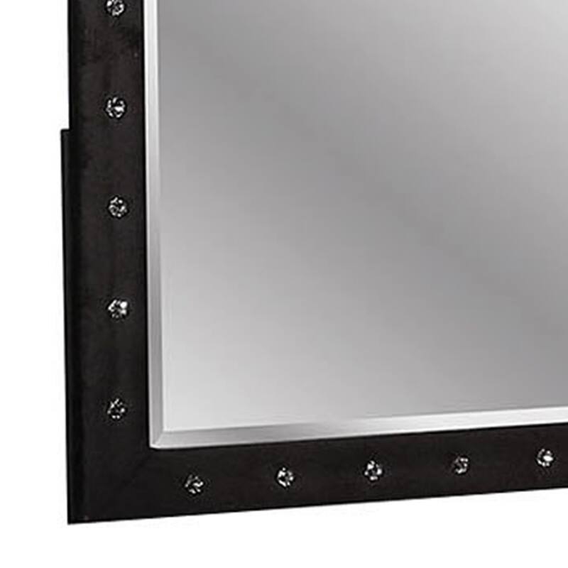 Rea Dresser Vanity Mirror, Crystal Tufted Black Velvet Upholstered Arched Frame