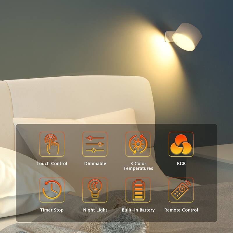 2PCS LED Sconces with Rechargeable Battery Operated USB Port