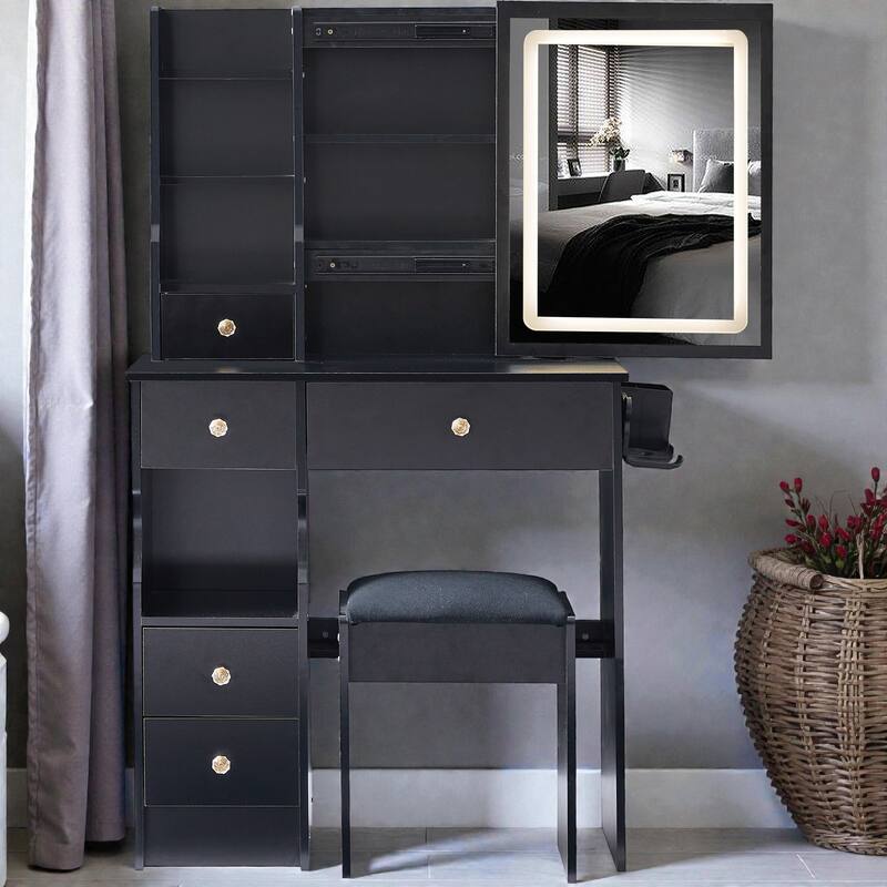 29.2'' Small Vanity Table with LED Mirror, 2 AC & 2 USB Outlets, Drawer & Stool, Touch Control Tri-Color Lighting