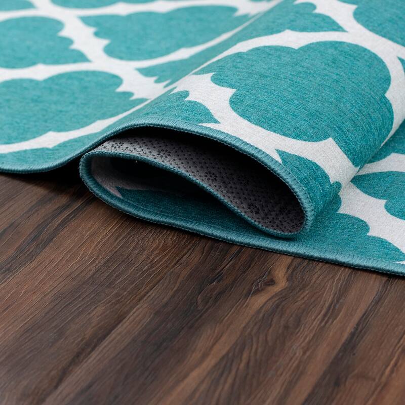 My Magic Carpet Machine Washable Area Rug Moroccan Trellis Teal