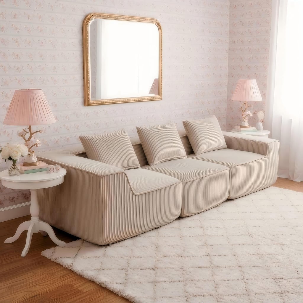 Modular Sectional Sofa with Pillows, Corduroy Upholstered 3-Seater Sofa, All-Compressed Foam Sofa for Living Room, Apartment