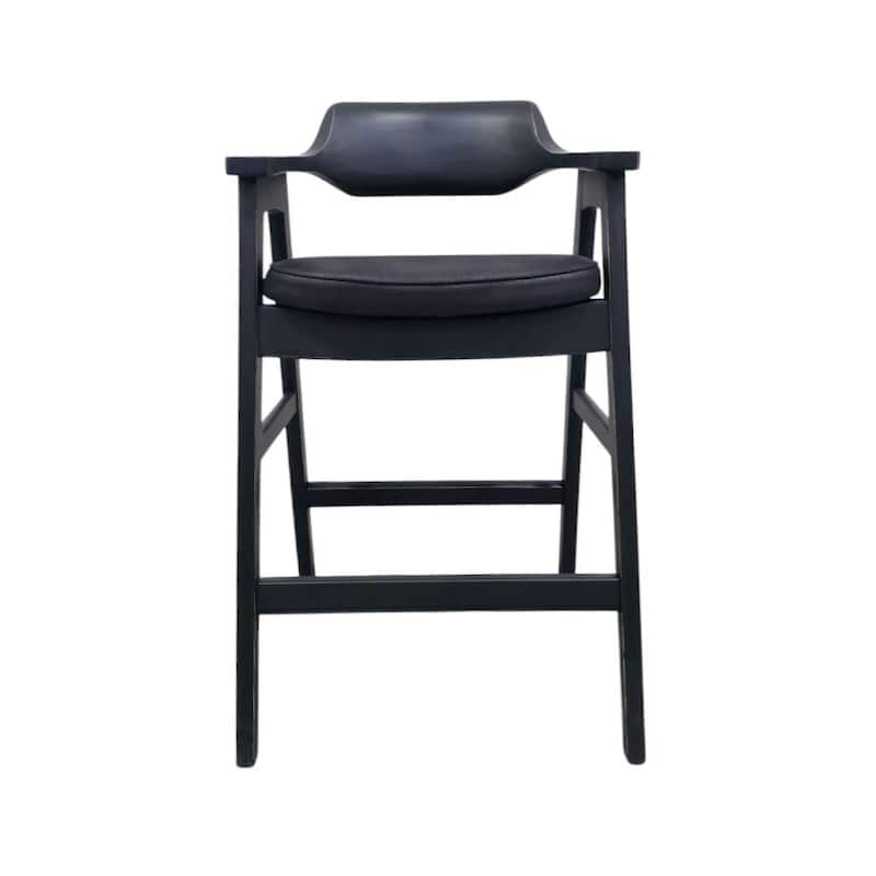 Zsy Barstool Chair, Curved Back, Black Birch Wood and Faux Leather