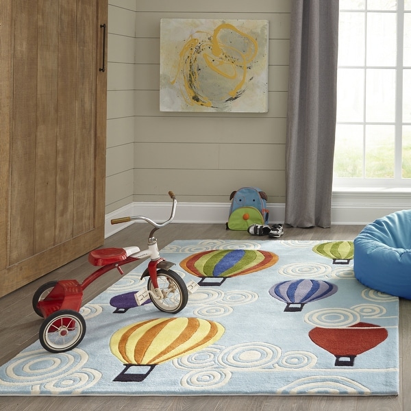 Momeni Lil Mo Whimsy Light Blue Hot Air Balloon Hand-Tufted and Hand-Carved Rug (2' X 3')