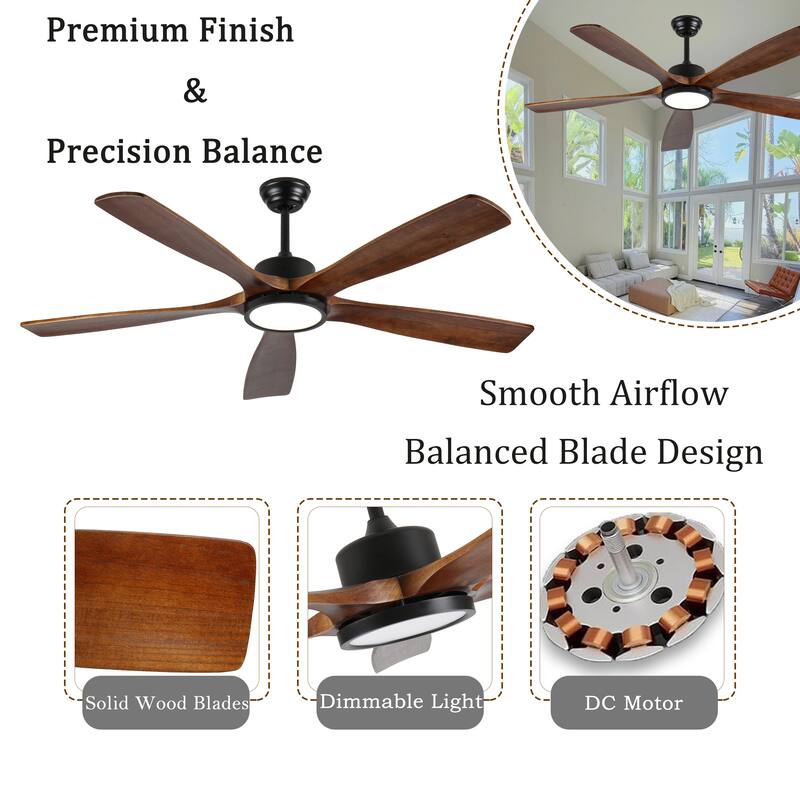 60-Inch Ceiling Fan with Light, 5 Solid Wood Blades, Downrod Mount for Sloped Ceiling ≤15°, Quiet Reversible DC Motor