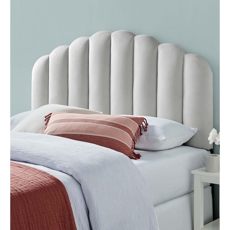 Burney Scalloped Light Grey Velvet Upholstered Full/Queen Size Headboard