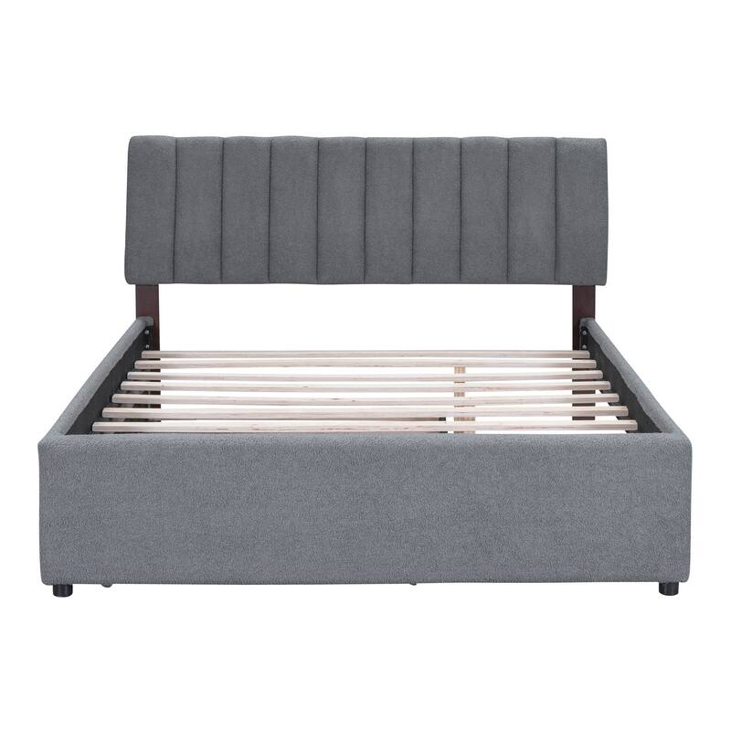 Queen Upholstered Platform Bed with Stripe Headboard, LED Lighting, and Twin XL Trundle