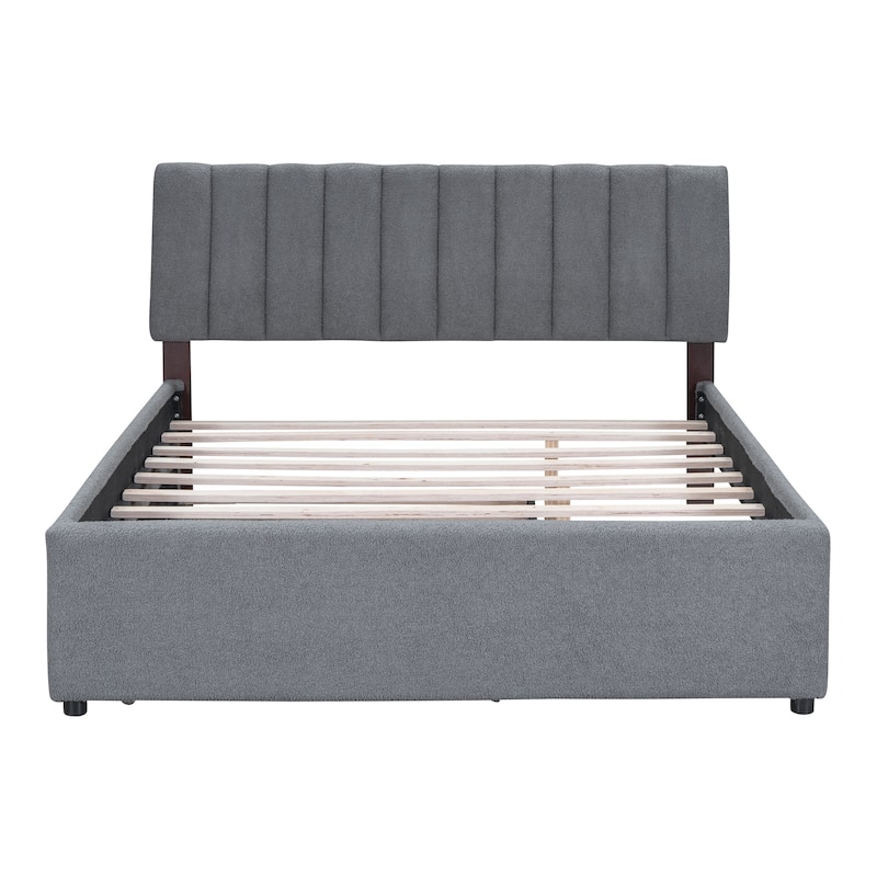 Teddy Fleece Queen Size Upholstered Platform Bed with Twin XL Trundle, Gray