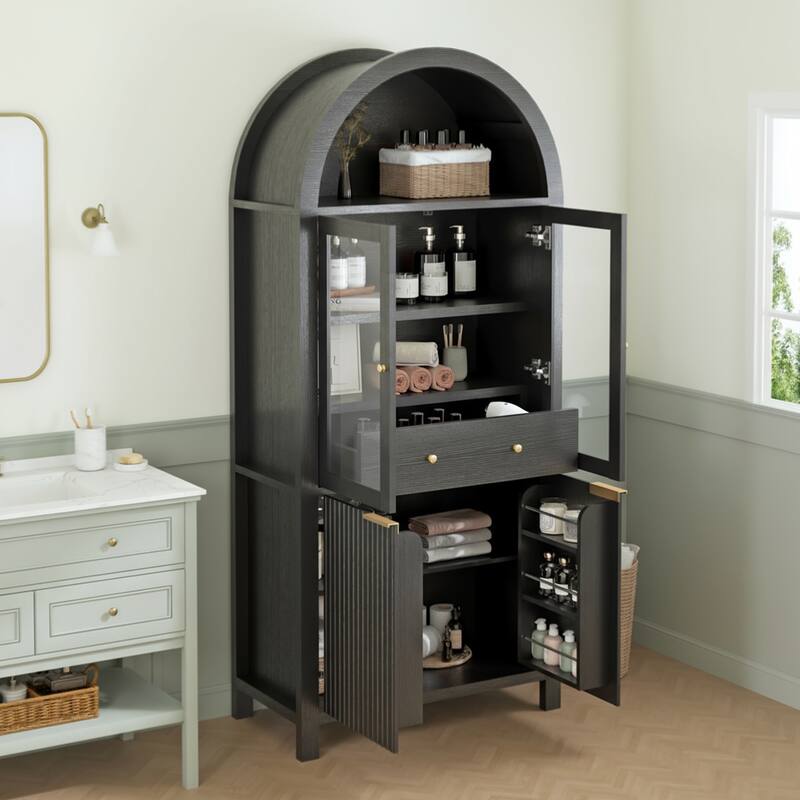 71" Fluted Tall Pantry Cabinet with Arched Glass Door, Hidden Drawer, Wood Display Storage Cabinet with Adjustable Shelves