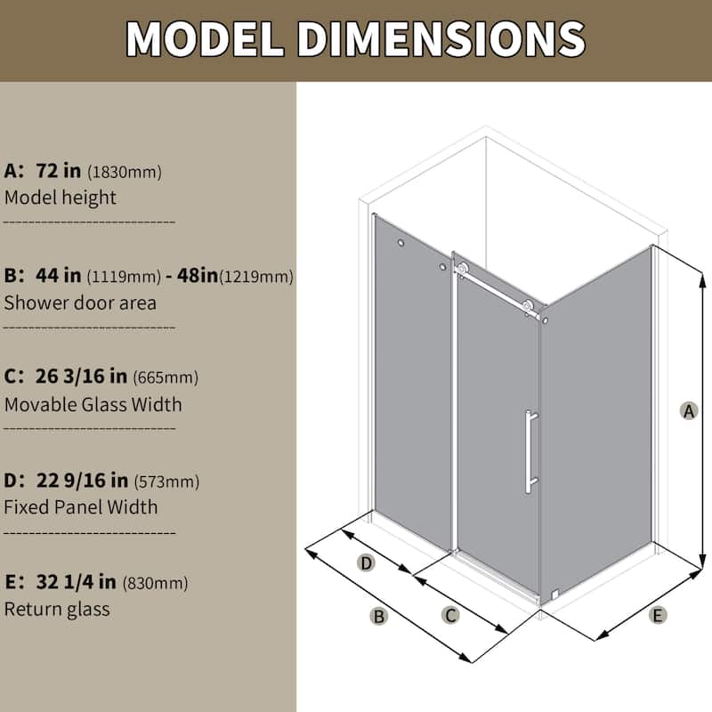 Modland 44-48" x 72'' Semi-Frameless Sliding Shower Enclosure - 3/8" SGCC Glass, Matte Black/Brushed Nickel