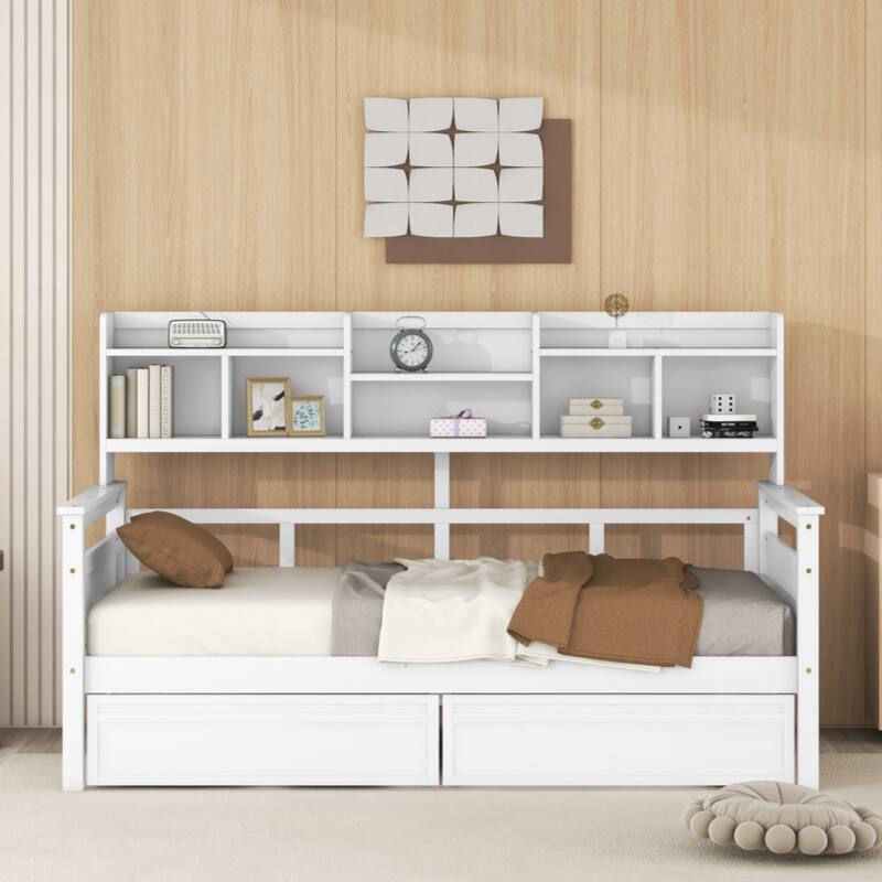 Twin size Daybed, Wood Slat Support, with Bedside Shelves and Two Drawers