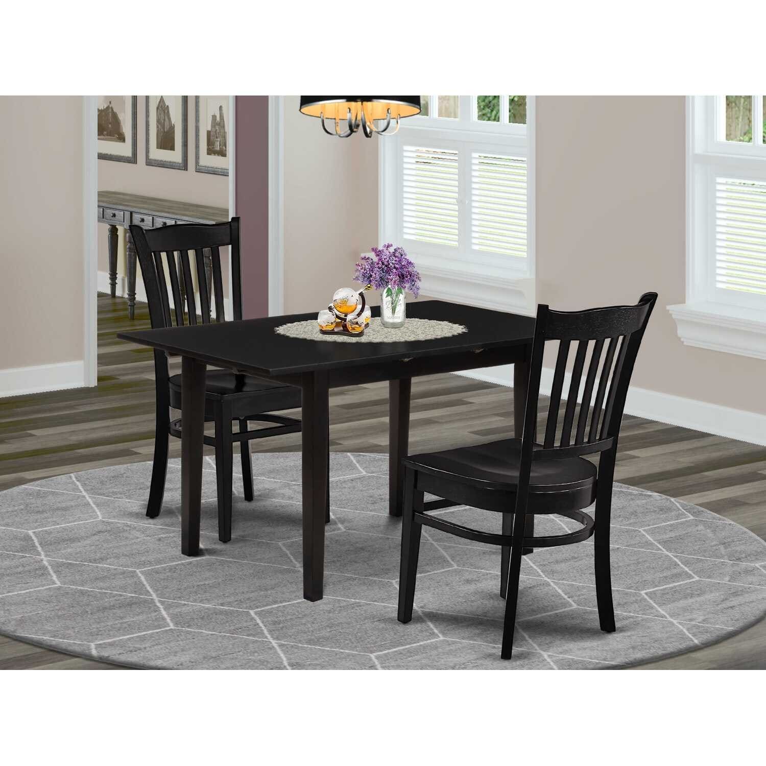 HomeStock 3-Pc Black Finish Rectangular Solid Wood Top With Butterfly Leaf Dining Table Set