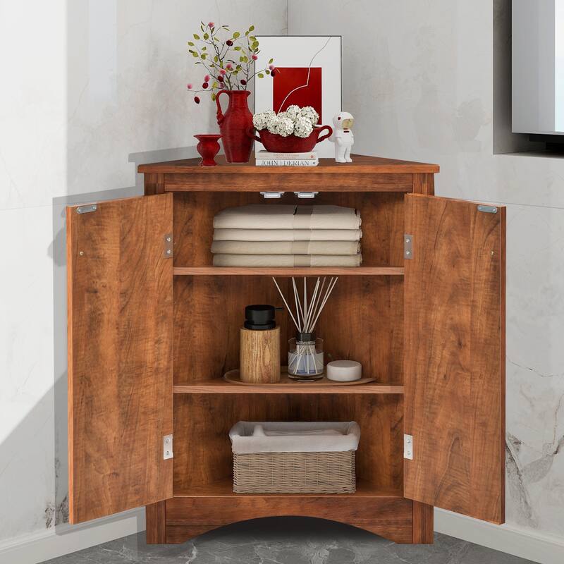 Triangle Bathroom Storage Cabinet with Adjustable Shelves, Freestanding Floor Cabinet for Home Kitchen - Brown