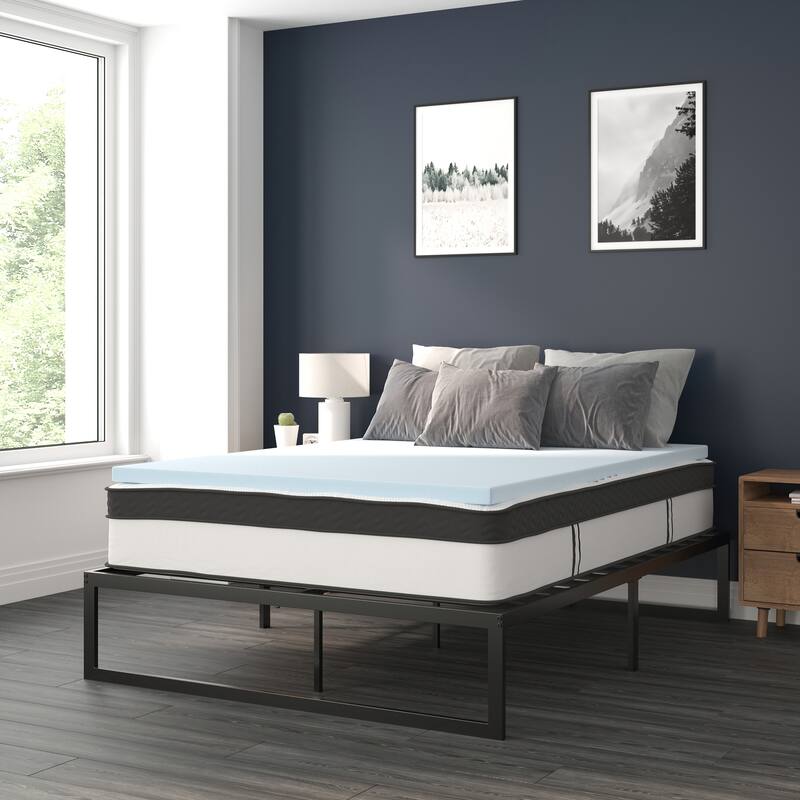 Platform Bed Frame; Pocket Spring Mattress & Memory Foam Topper - Black - Queen