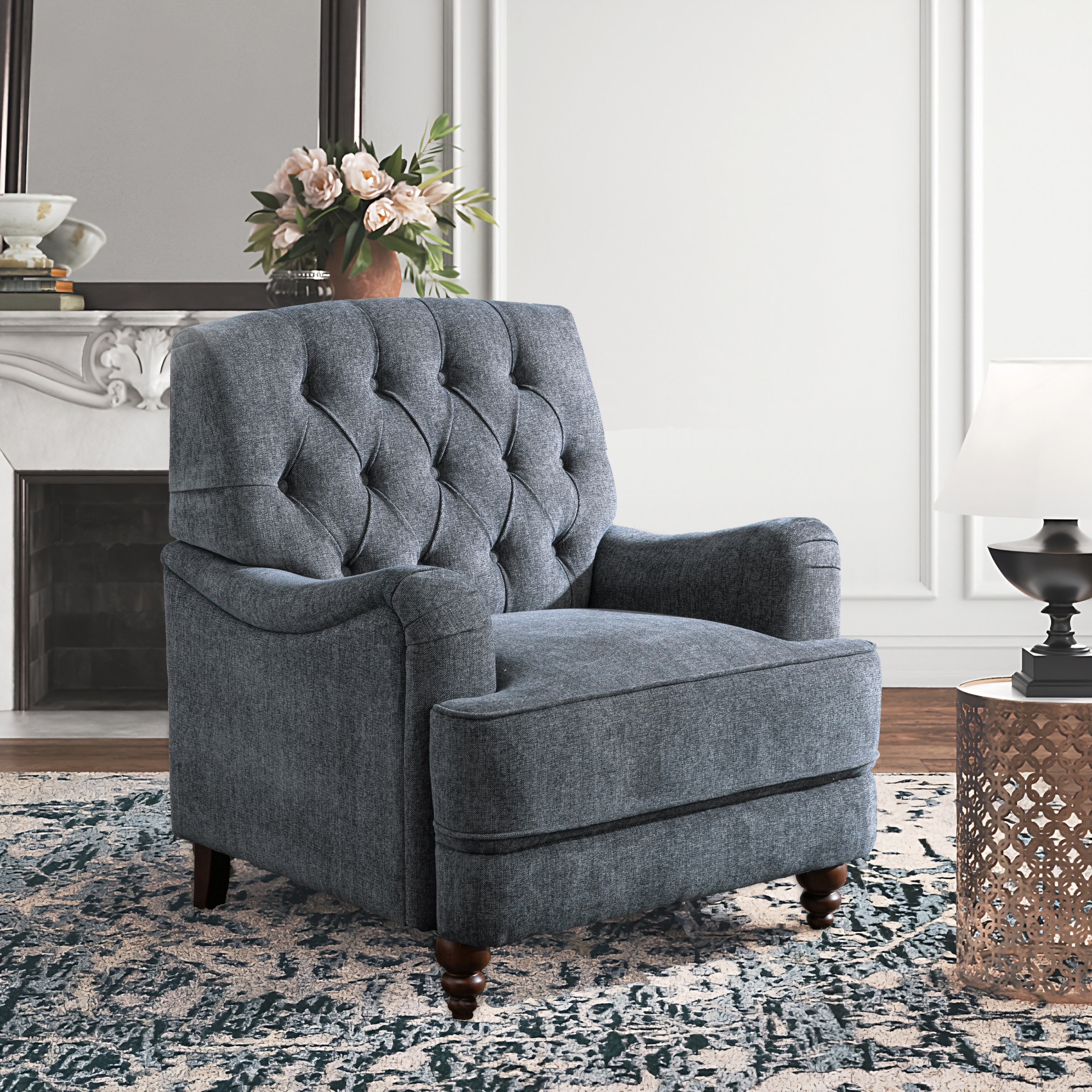 Gray Linen Tufted Push Back Recliner Chair Living Room Chair, Single Sofa Accent Recliner with Nailheads Roll Arm